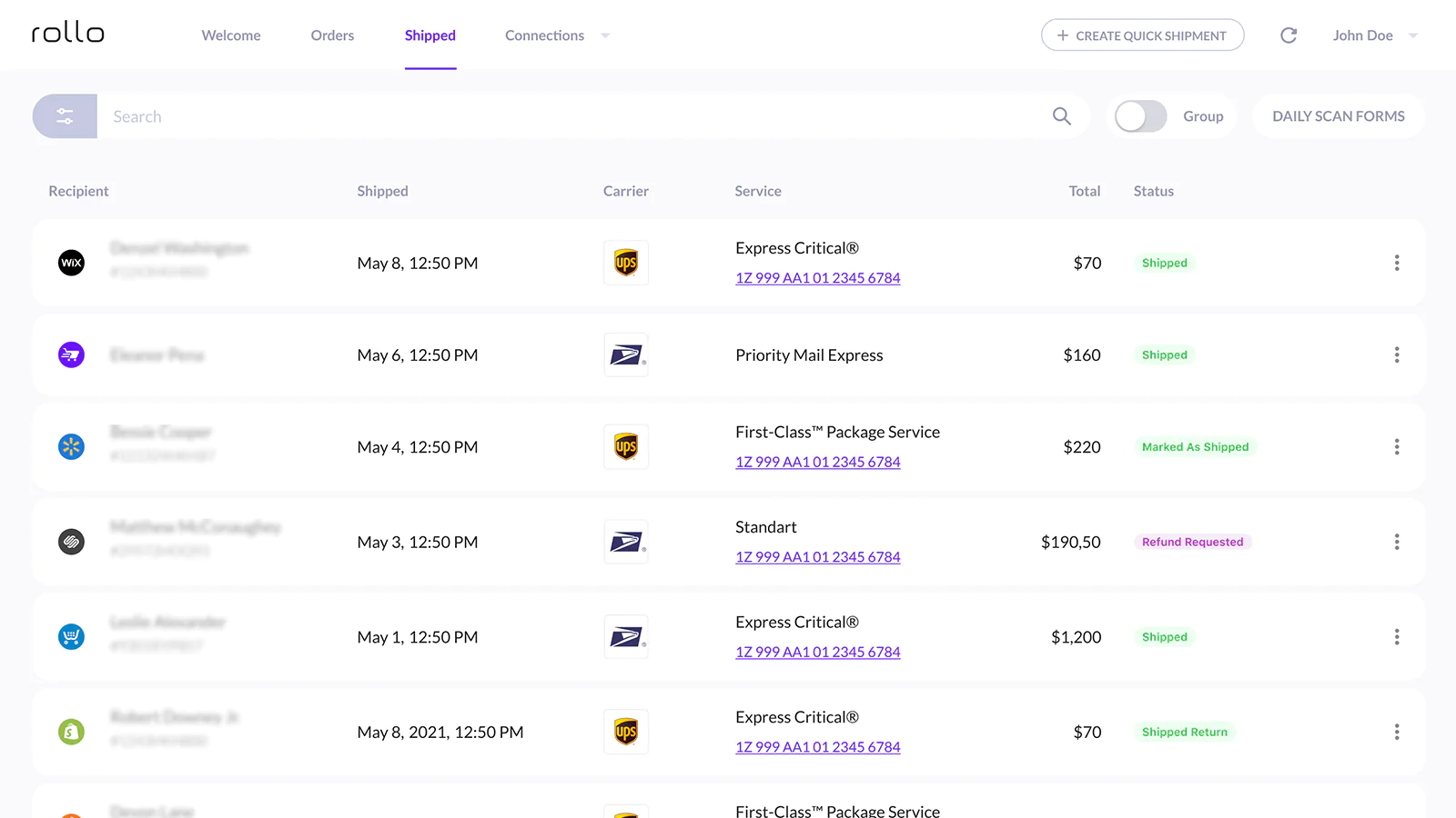 Tracking Notifications: Keeping Customers In The Loop! 5 order shipped dashboard from Rollo app displaying tracking notifications.