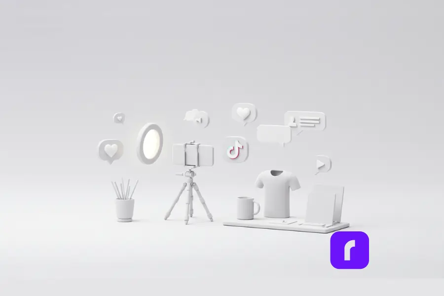 3D minimalist illustration of a TikTok content creation setup with a smartphone on a tripod, ring light, and product display featuring a mug and T-shirt, surrounded by floating TikTok icons and engagement symbols—representing how to make content that grabs attention on TikTok Shop.