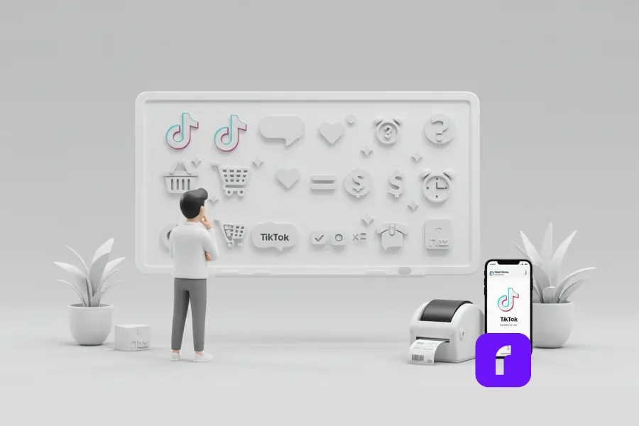 Minimalist 3D illustration of a small business owner contemplating a complex TikTok Shop “equation” on a whiteboard, surrounded by eCommerce icons like shopping carts, hearts, dollar signs, and clocks, with a Rollo label printer and mobile phone showing the TikTok Shop interface—symbolizing the decision-making process behind whether TikTok Shop is worth it.