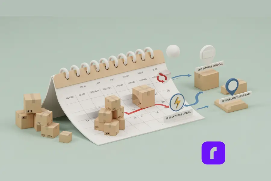 3D illustration of a shipping calendar and packages showing UPS delivery options like UPS Express and Ground Saver, visualizing the question "does UPS deliver on Sunday."