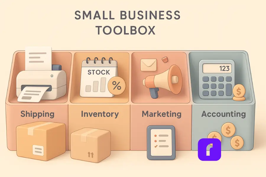 3D-style digital illustration of a labeled “Small Business Toolbox” divided into four sections—Shipping, Inventory, Marketing, and Accounting—each containing stylized icons like a printer, stock chart, megaphone, and calculator, representing essential tools for running a small business efficiently.